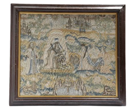A Charles II needlework picture, probably canvas work with raised silver metal thread and seed pearl details, depicting the r