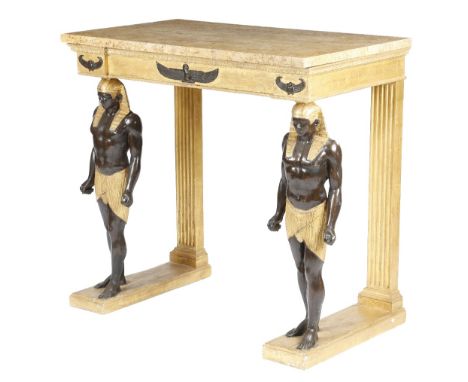 A pair of Italian giltwood console tables in Egyptian revival style, each with a brocatelle marble top, the part bronzed base