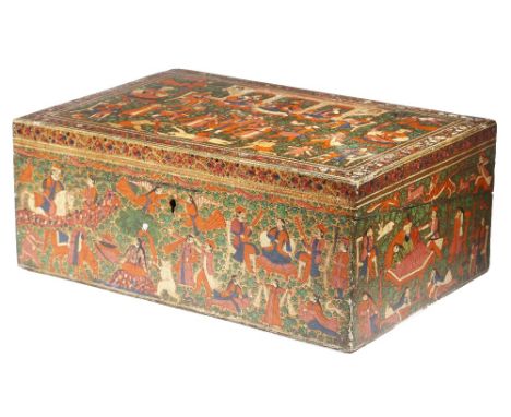 A late 19th century Kashmiri lacquer and polychrome decorated papier-mâché writing box, the hinged lid painted with a courtly
