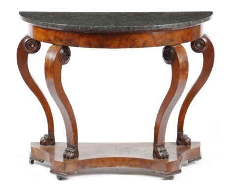 A French Louis Philippe mahogany console table, the grey speckled marble demi-lune top above a plain frieze and scroll legs t