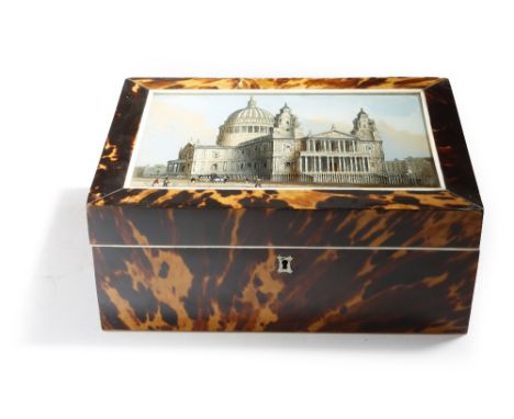 λ An early Victorian tortoiseshell work box, the hinged lid inset with a reverse glass patent pearl picture of St Paul's Cath