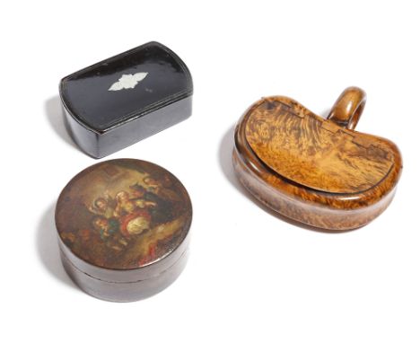 λ A 19th century burr maple kidney shape snuff box, with a ring handle and a tortoiseshell lined interior, together with a pa