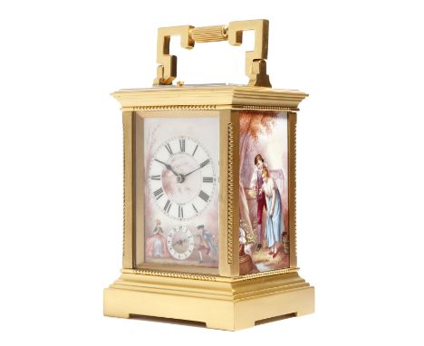 A late 19th century French gilt brass and porcelain mounted carriage clock, the platform lever escapement striking on a gong,