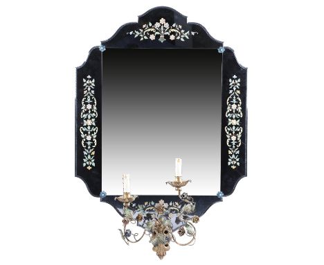 An Italian Venetian Murano glass girandole mirror, the rectangular plate applied with four flower heads, the shaped frame pai