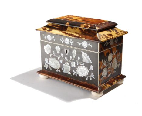 λ A George IV tortoiseshell and mother of pearl tea caddy, inlaid with pewter stringing and engraved mother of pearl flowers,