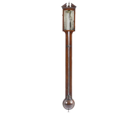 A George III mahogany stick barometer by Fraser &amp; Son London, the broken pediment centred with a brass urn, above a silve