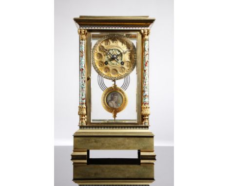 λ A late 19th century French gilt brass and champlevé enamel four glass mantel clock, the eight day brass drum movement  by J