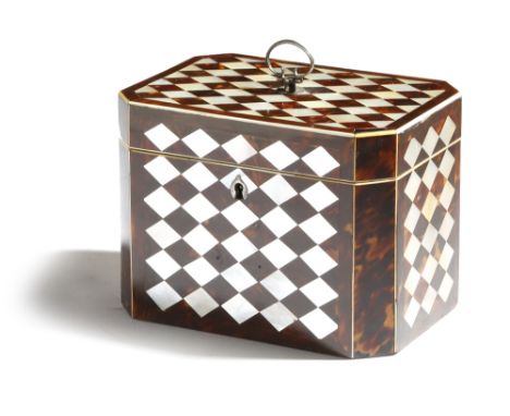 λ A Regency tortoiseshell and mother of pearl tea chest, of canted rectangular shape, with ivory stringing and edging and inl