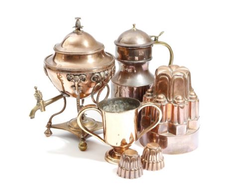 A collection of copper items, comprising: a Victorian jelly mould, stamped '216 C', together with two smaller jelly moulds by