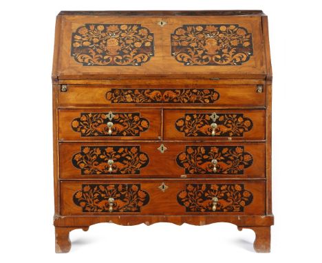 An Anglo-Dutch walnut and marquetry bureau, inlaid with fruitwood and mother of pearl panels of urns of flowers and scrolling
