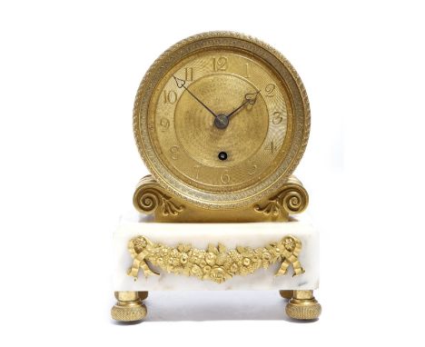 A Regency gilt brass and marble mantel clock by Tupman of London, the eight day brass drum movement signed 'Tupman, Gt. Russe