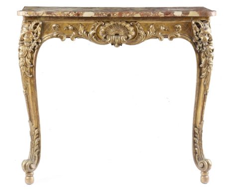 A pair of 19th century giltwood and gesso console tables in Rococo style, each with a brèche d'alep marble top, above a friez