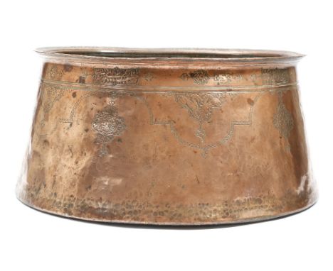 A Safavid copper basin, of tapering form, decorated with panels of animals, scrolling leaves, flowers and Islamic calligraphy