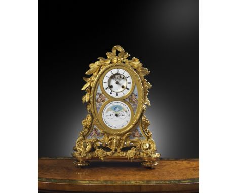 A late 19th century French ormolu and porcelain mounted mantel clock by Achille Brocot, with a perpetual calendar and retaile