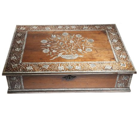 λ An early 18th century Anglo-Indian rosewood writing box, inlaid with ivory flowers and leaves boldly engraved and highlight