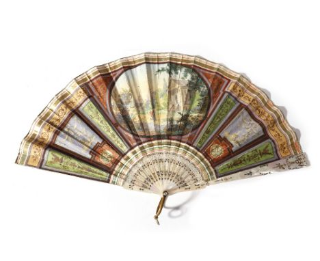 A late 18th century Italian painted vellum and mother of pearl Grand Tour fan, the leaf decorated with a central panel depict