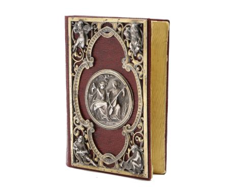 A 19th century French leather and silver gilt mounted card case, the cover with in the Gothic style with a central rondel dep