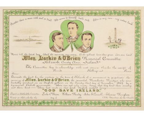 1867 Allen Larkin &amp; O'Brien (Manchester Martyrs) Memorial, Kilrush, Co. Clare, certificate of subscription. A memorial to