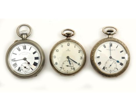 Omega pocket watch. A vintage Omega white metal open-face pocket watch, the white enamelled 42mm dial with Arabic numerals an