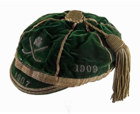 Irish Olympic silver medalist, Irish international hockey cap. The green velvet and gilt bullion cap by T. Lynch &amp; Sons, 