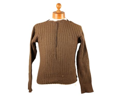 1945 WWII British military-issue Commando sweater or Mountain sweater, a khaki-coloured, knitted pullover the neck threaded w
