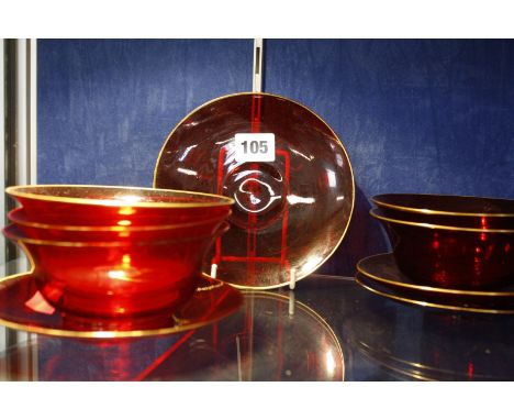 Victorian ruby glass bowls and saucers with gilt rims -22