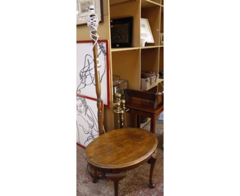 A mahogany standard lamp, brass fire tools, two occasional tables and a book stand -5
