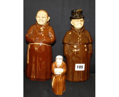A Royal Worcester monk candlesnuffer, 12cm high, and two ceramic decanters, a coachman marked 8301 to base and a monk marked 