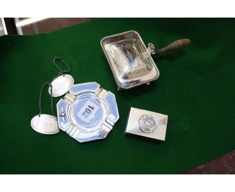 A small quantity of silver and silver plated items to include a RAF silver and enamel ashtray, Birmingham 1936, silver 'Gin' 
