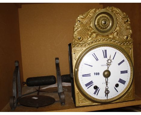 A Frinault wall clock, gilt coloured metal surmount, Roman numeral enamel dial, 25cm wide