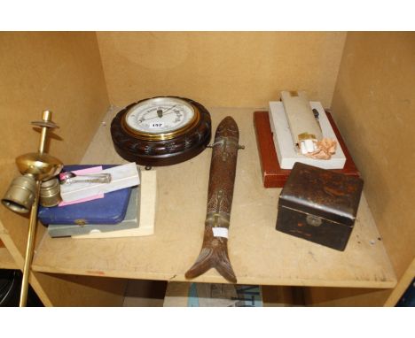 Quantity of collectable items to include a barometer, a lacquered tea caddy, quantity of plated ware etc