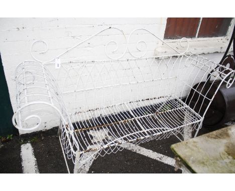 A Regency style wire work bench and a white painted garden table and two chairs.