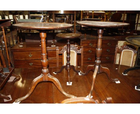 Two 19th Century mahogany lamp tables, a small column table.