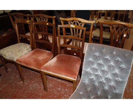 A Victorian oak dining chair, a Victorian upholstered button back slipper chair, an Edwardian mahogany dropleaf table and a f