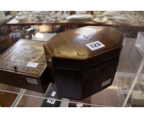 A 19th Century mahogany inlaid octagonal caddy box and a Tunbridge ware box with hinged lid -2