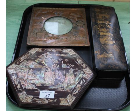 A Japanese soft metal photo frame, a black and gilt lacquer glove box plus a mother of pearl inlaid box lid