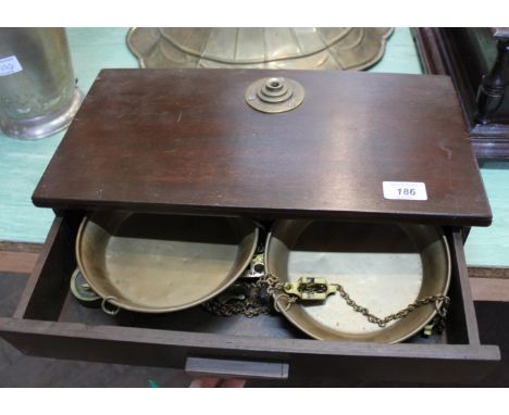 Mahogany cased brass beam scales marked R A J Kamal