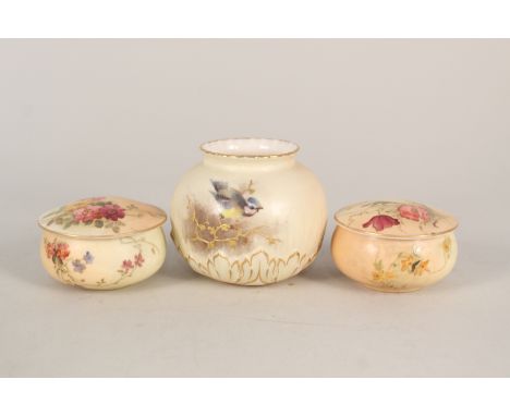 A Royal Worcester bird decorated vase plus two floral lidded pots (one as found)