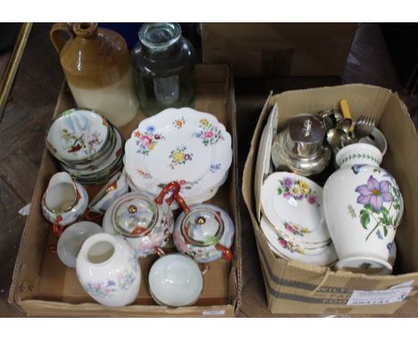 A Portmeirion Botanic Garden vase plus other china and silver plate etc to include Moses Cwmcarn Hotel stoneware jug (two box