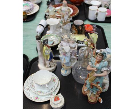 Two porcelain trinket sets, bisque figurines plus other china and glass (three trays)