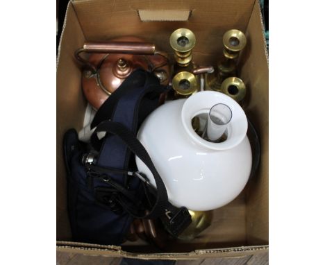 A Victorian copper kettle, brass candlesticks, oil lamp, 1924 Wembley Exhibition tea caddy, Canon camera etc