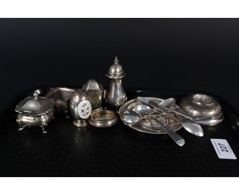 A mixed silver lot including spoons, enamelled cruet (as found) other cruet items, inkwell (as found) etc