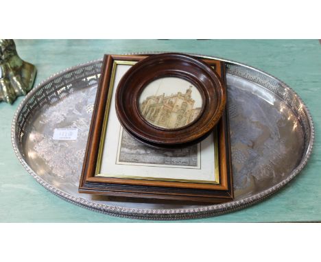 An Indianan octagonal brass inlaid table, oval silver plated tray, two Norwich watercolours plus two prints