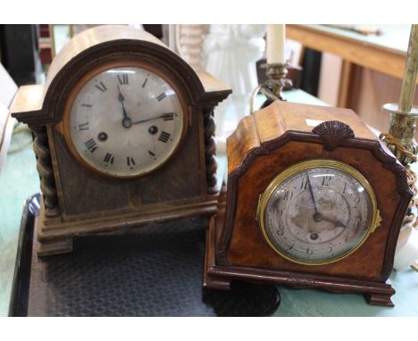 A walnut mantel clock marked Webster, Queen Victoria St plus an oak striking mantel clock