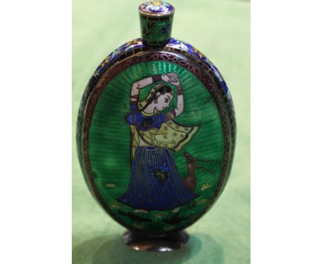 An Indian white metal flask with enamel decoration with an image of a lady, deer and bird to both sides, height 5" (there are