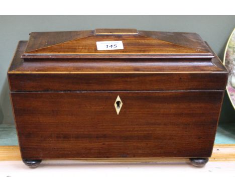 A 19th Century inlaid mahogany two compartment sarcophagus tea caddy