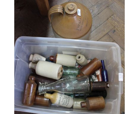 Stoneware flagon J Stallard &amp; Sons Worcester plus various stoneware and glass ginger beer and lemonade bottles etc