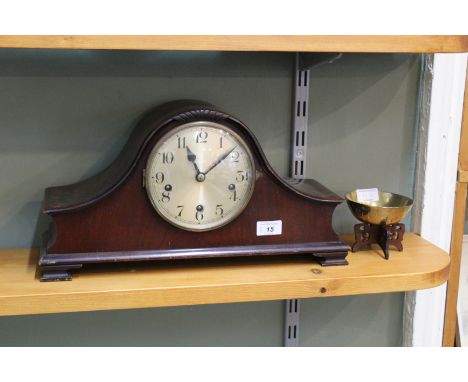 A mahogany striking mantel clock plus a small brass bowl