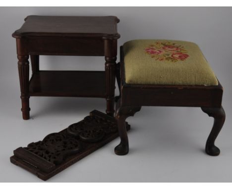 A miniature mahogany 2 tier occasional table, a tapestry footstool and a carved bookslide