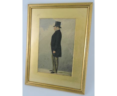 A Victorian pencil and watercolour full length portrait of Fred Dore, framed, 23 x 15cm